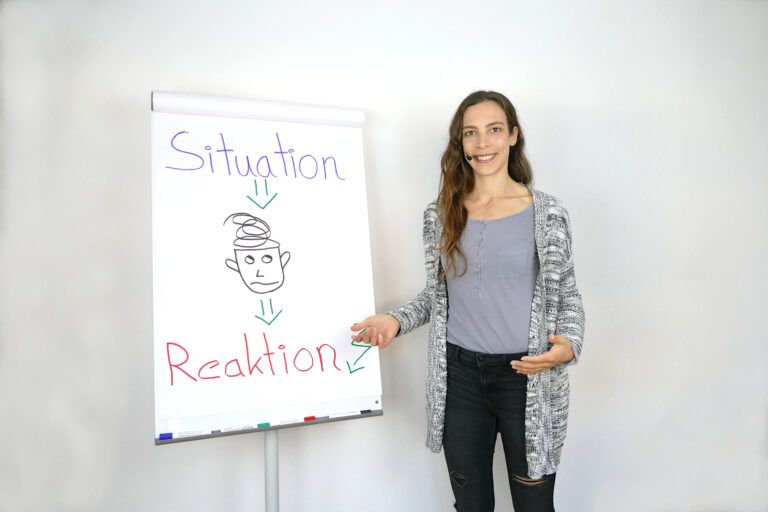 Stressmanagement und Psychologische Online Beratung: Anna steht vor einem Flipchart und hält einen Vortrag, zum Thema Stressmanagement. Auf dem Flipchart sieht man einen Kopf mit wirren Gedanken, die man ordnen sollte.